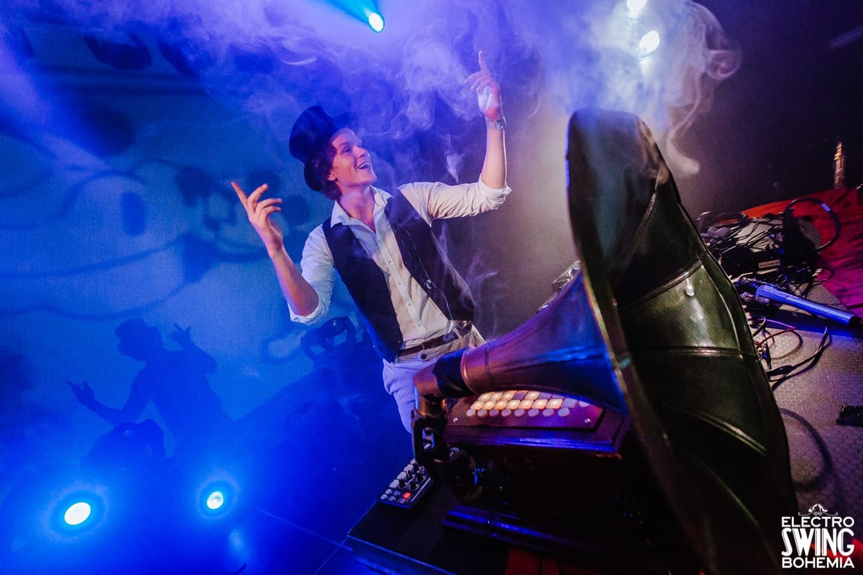 Electro swing party in Prague with vibrant dance crowd